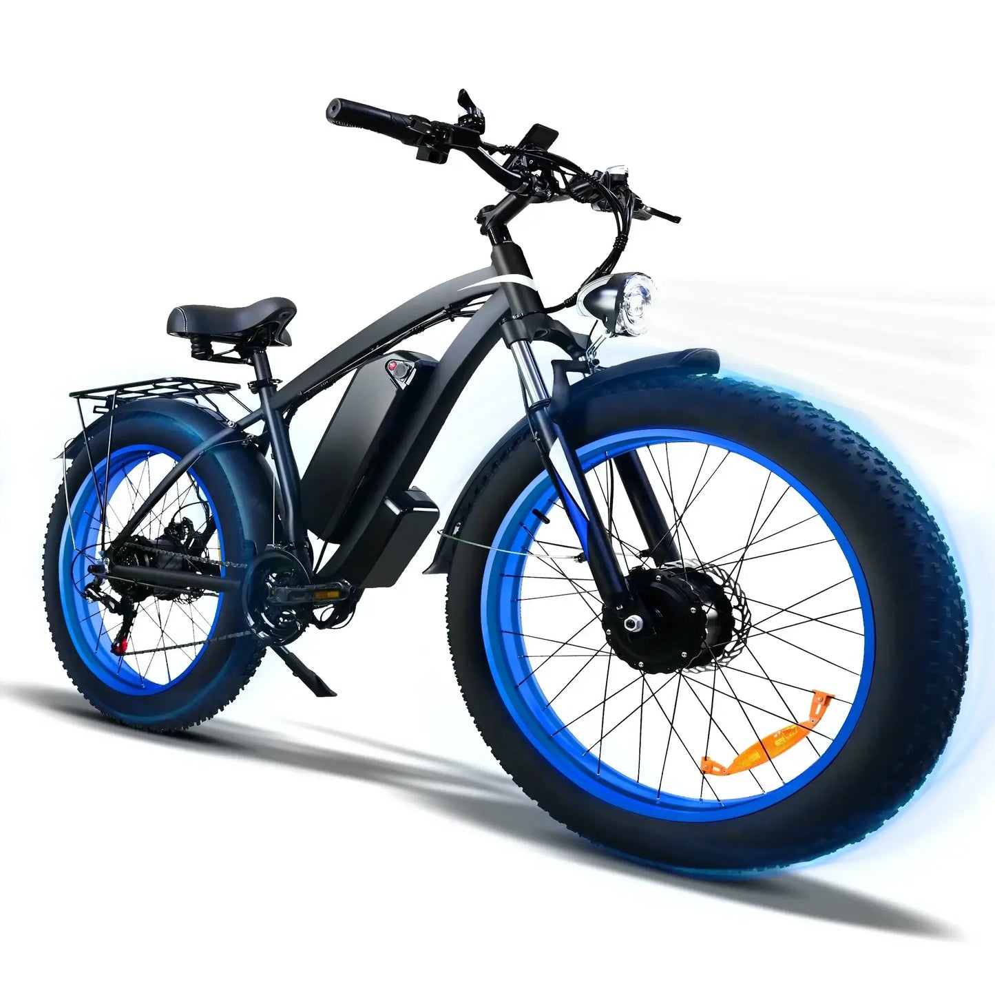 2000W fat tire electric bike with blue wheels, perfect for urban and off-road adventures.