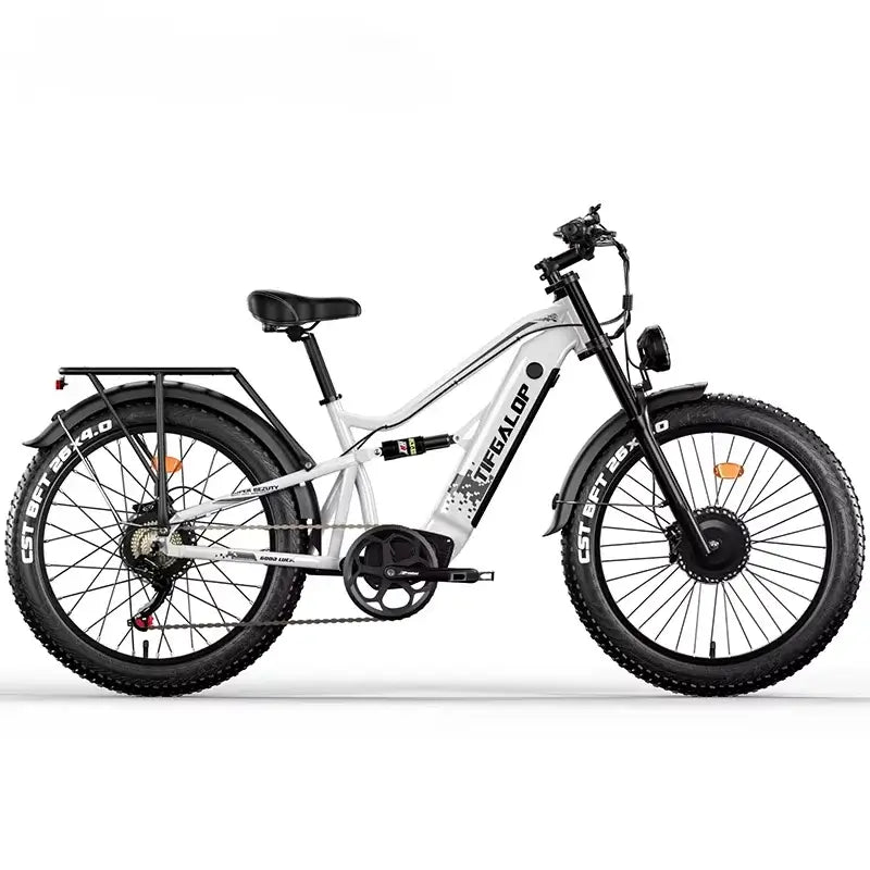 Tifgalop ES7 Pro 3000W Electric Bike in white color showcasing its rugged design and fat tires.