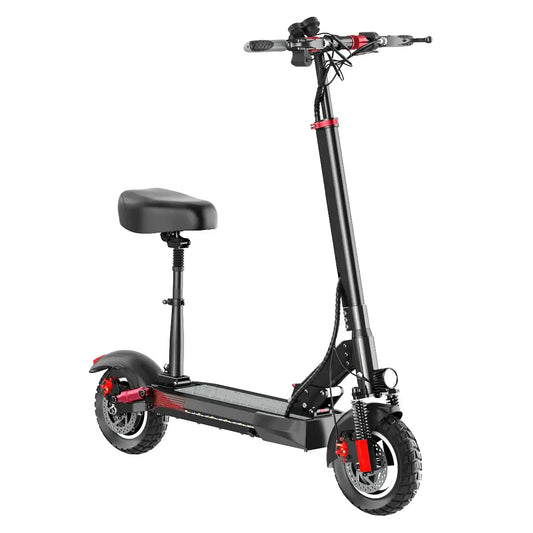 Foldable electric scooter for adults with an 800W motor, compact design, and comfortable seat.