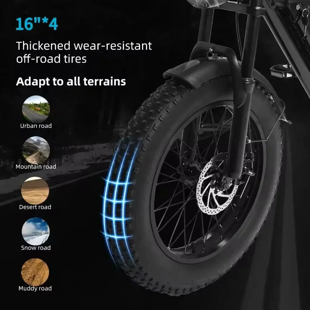 16-inch thickened wear-resistant fat tire for urban, mountain, desert, snow, and muddy terrains on an electric bicycle.