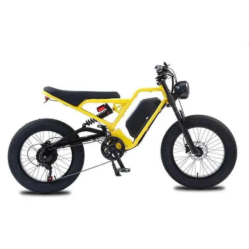 Akez 1500W electric fat tire bike with 20-inch tires, suspension, and sleek yellow design for adult riders.