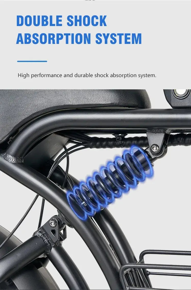 Close-up of the double shock absorption system on a fat tire electric bike, designed for high performance and durability.
