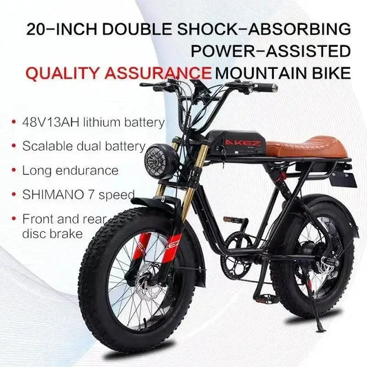 AKEZ 20-inch mountain bike with double shock absorption, 48V 13AH battery, Shimano 7-speed, and fat tires for stability.