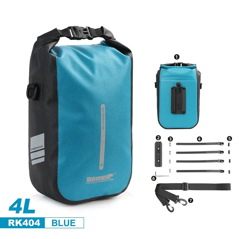 Rhinowalk waterproof bike fork bag, 4L capacity, quick release, durable design in blue with shoulder strap and attachment kit.