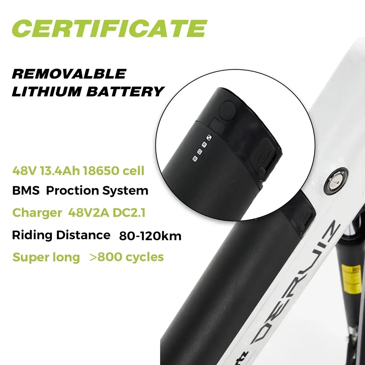 Removable lithium battery for DERUIZ electric bike, 48V 13.4Ah, with a range of 80-120km and over 800 charging cycles.