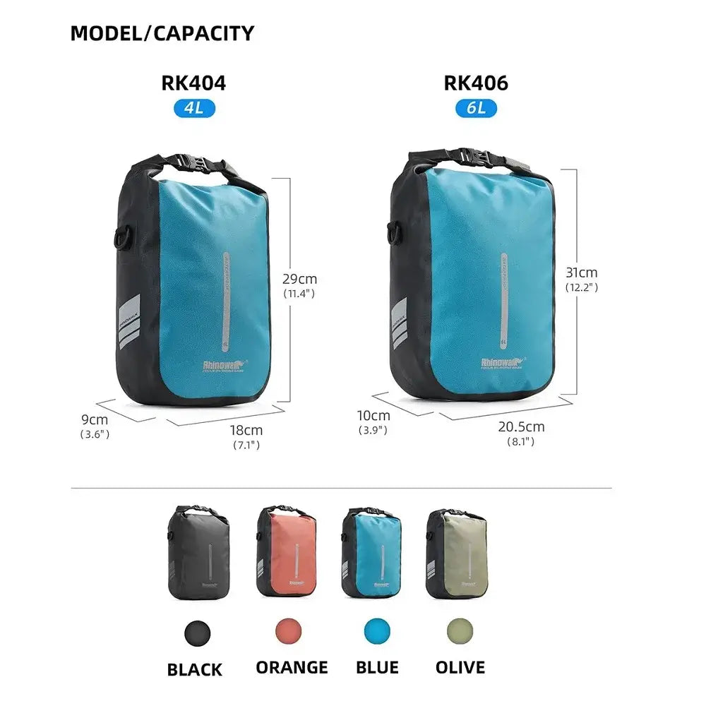 Rhinowalk Bike Bags sizes comparison: RK404 4L and RK406 6L in black, orange, blue, and olive colors.