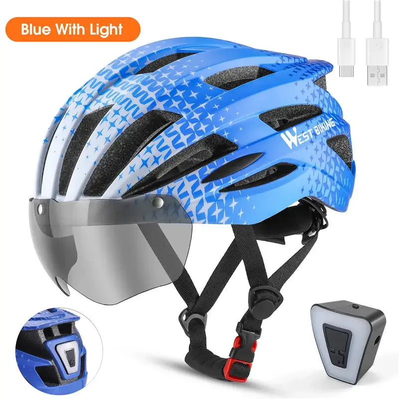 Blue WEST BIKING MTB Cycling Helmet with LED lights and visor, ideal for safety and style during bike rides.