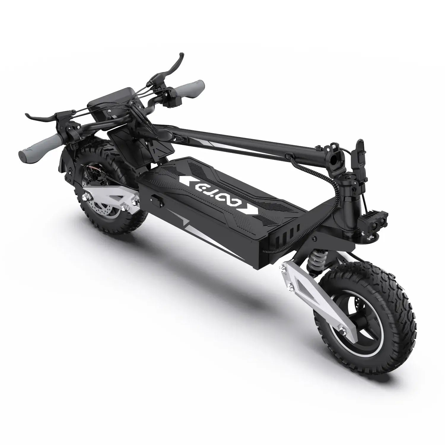 900W Foldable Off-Road Electric Scooter in a folded position showcasing its compact design and rugged tires.