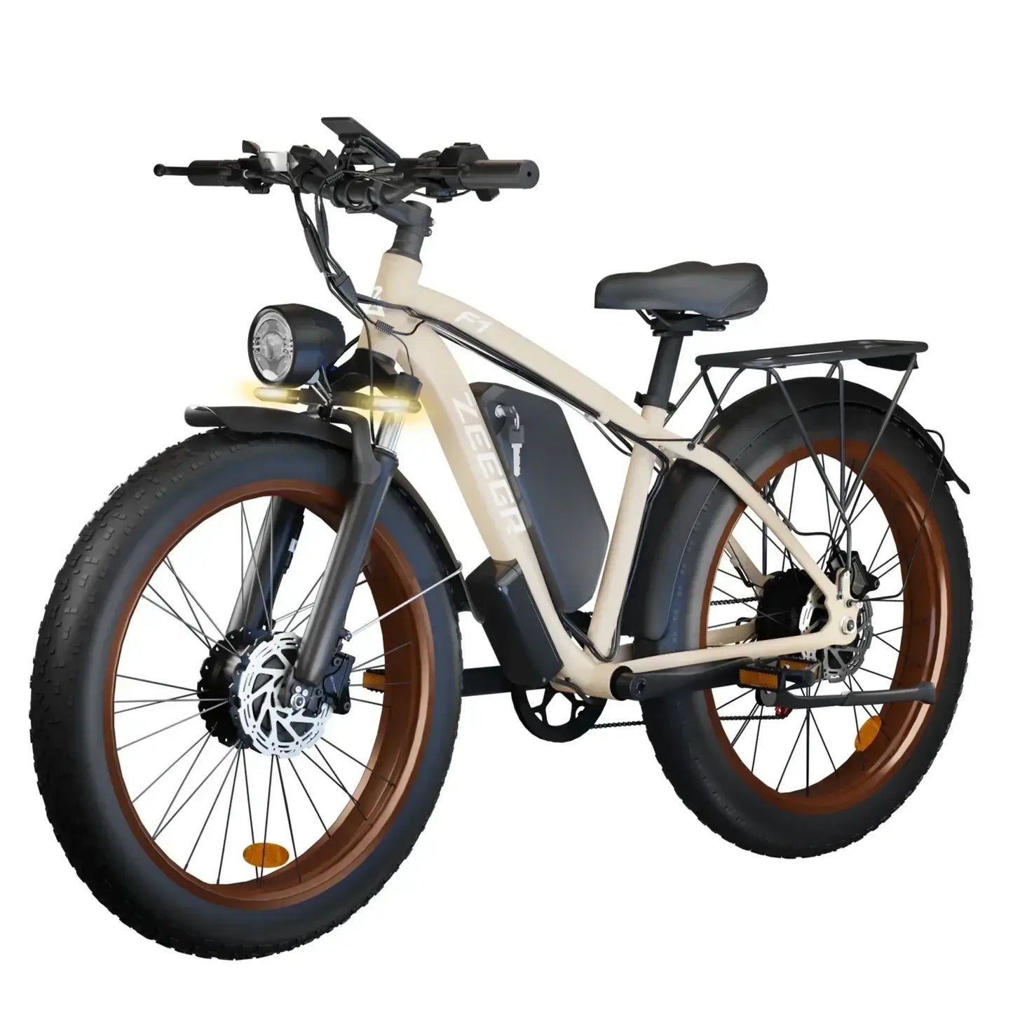 F1 Electric Bicycle with dual motors, 26-inch off-road tires, and hydraulic brakes, ideal for adult riders.