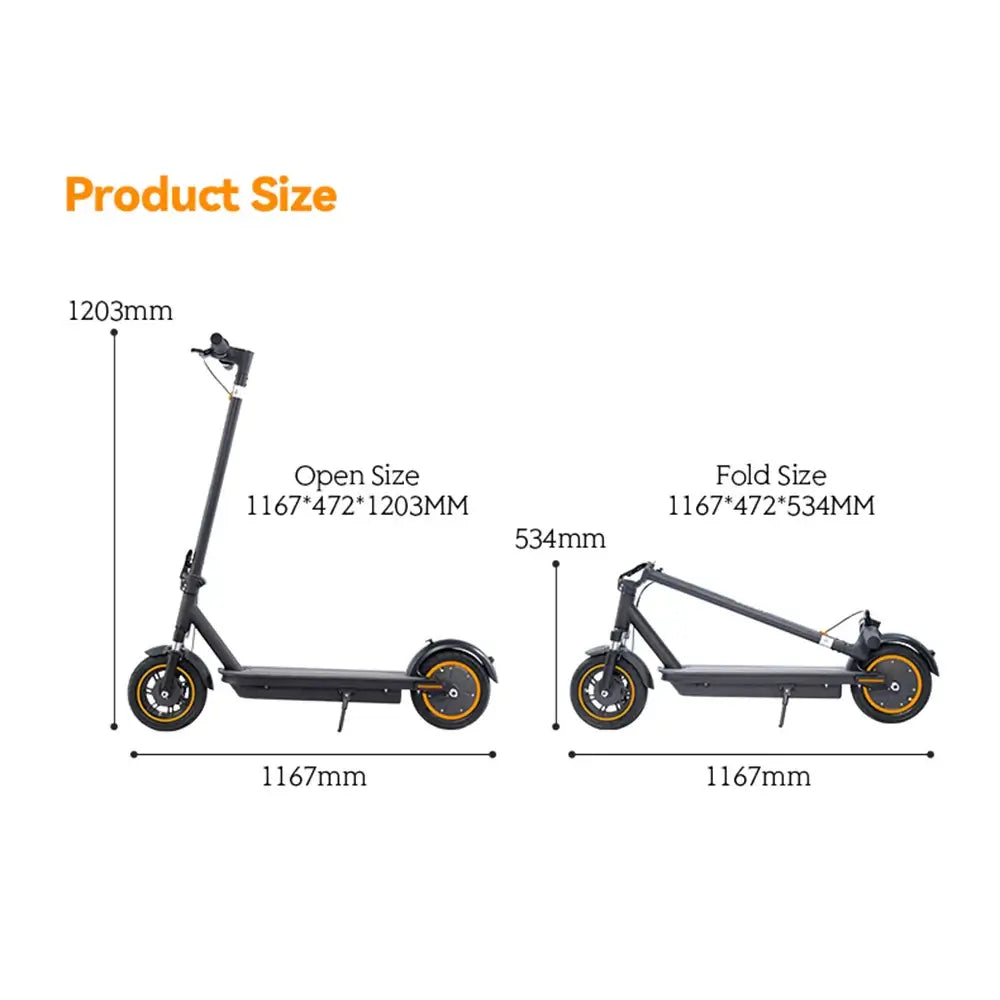 Dimensions of HEZZO G30 City Electric Scooter, shown in open and folded sizes, measuring 1167mm x 472mm x 1203mm and 1167mm x 472mm x 534mm.