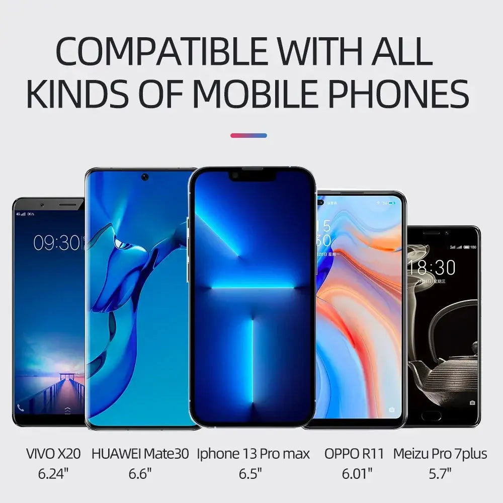 Image showcasing compatibility of ThinkRider Phone Stand with various mobile phones including HUAWEI, iPhone, and OPPO.