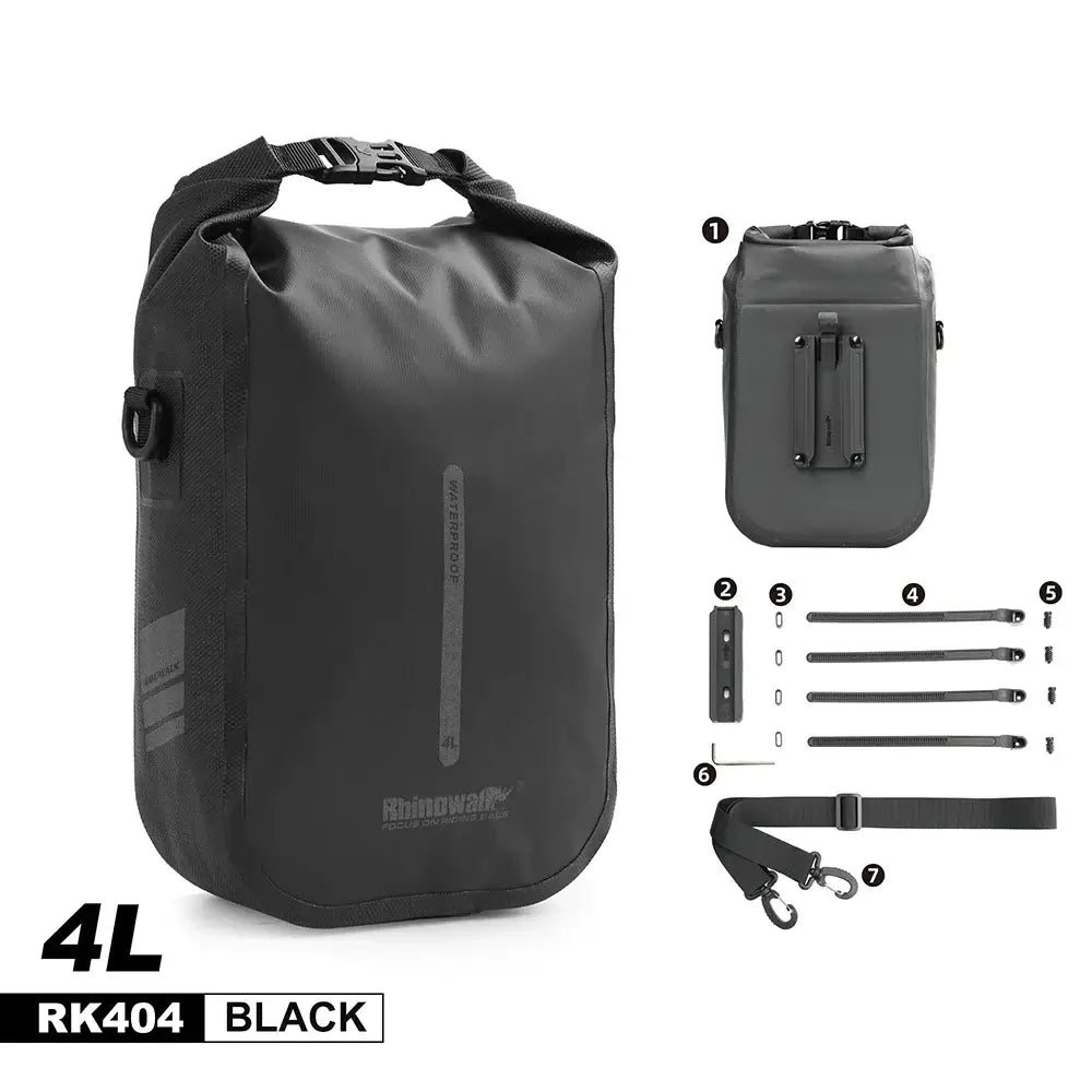 Rhinowalk 4L waterproof bike bag in black, showcasing quick release features and included straps for secure attachment.