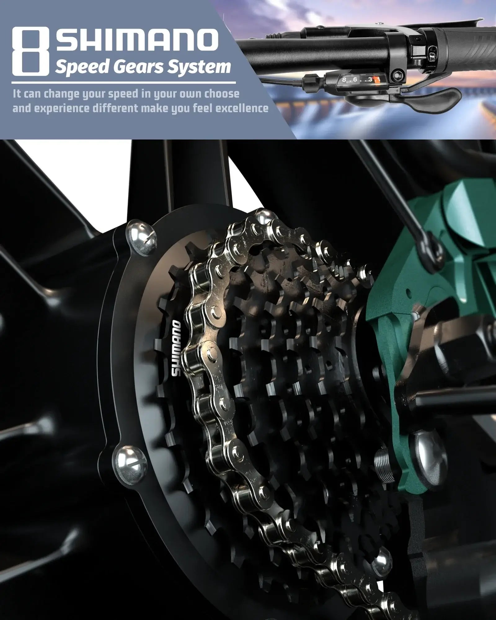 Close-up of Shimano speed gears system on TESGO electric bike, showcasing chain and gear mechanisms for enhanced performance.