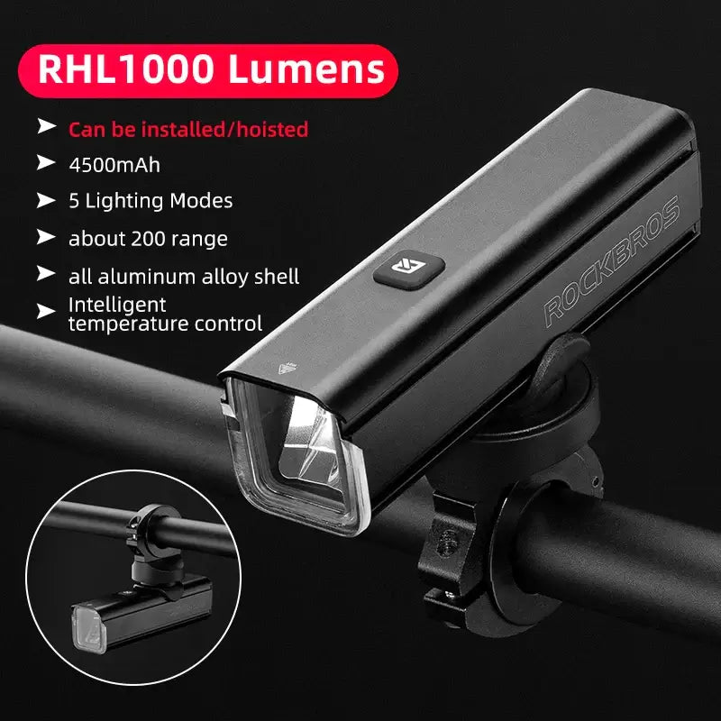 ROCKBROS 1000 Lumen Bike Light with 4500mAh battery and 5 lighting modes mounted on a bicycle handlebar.