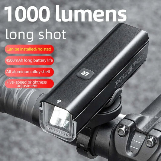 ROCKBROS 1000 Lumen Bike Light with 4500mAh battery, all aluminum shell, five-speed brightness adjustment.
