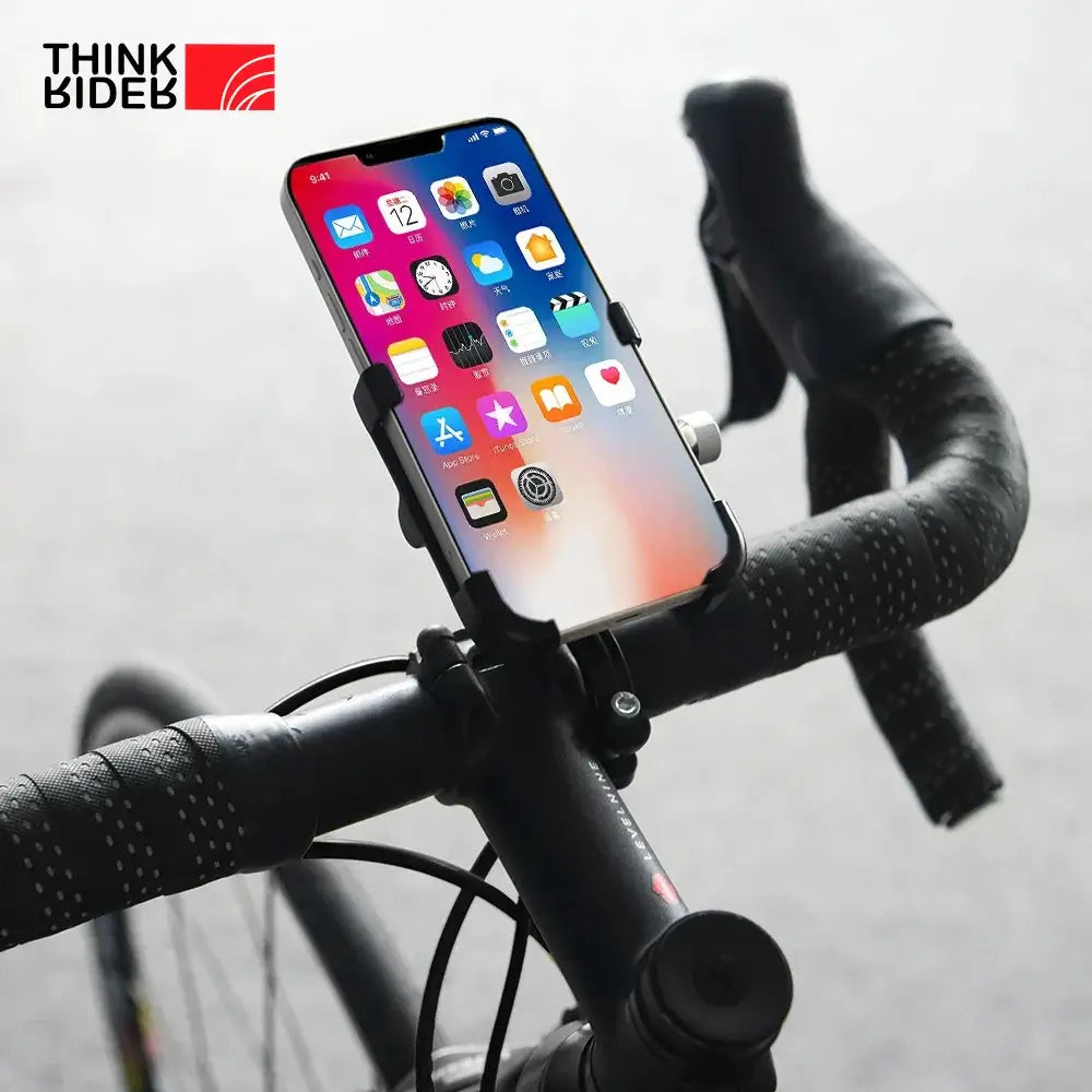ThinkRider Anti-Vibration Bike Phone Stand securely holding a smartphone on a bike handlebar.