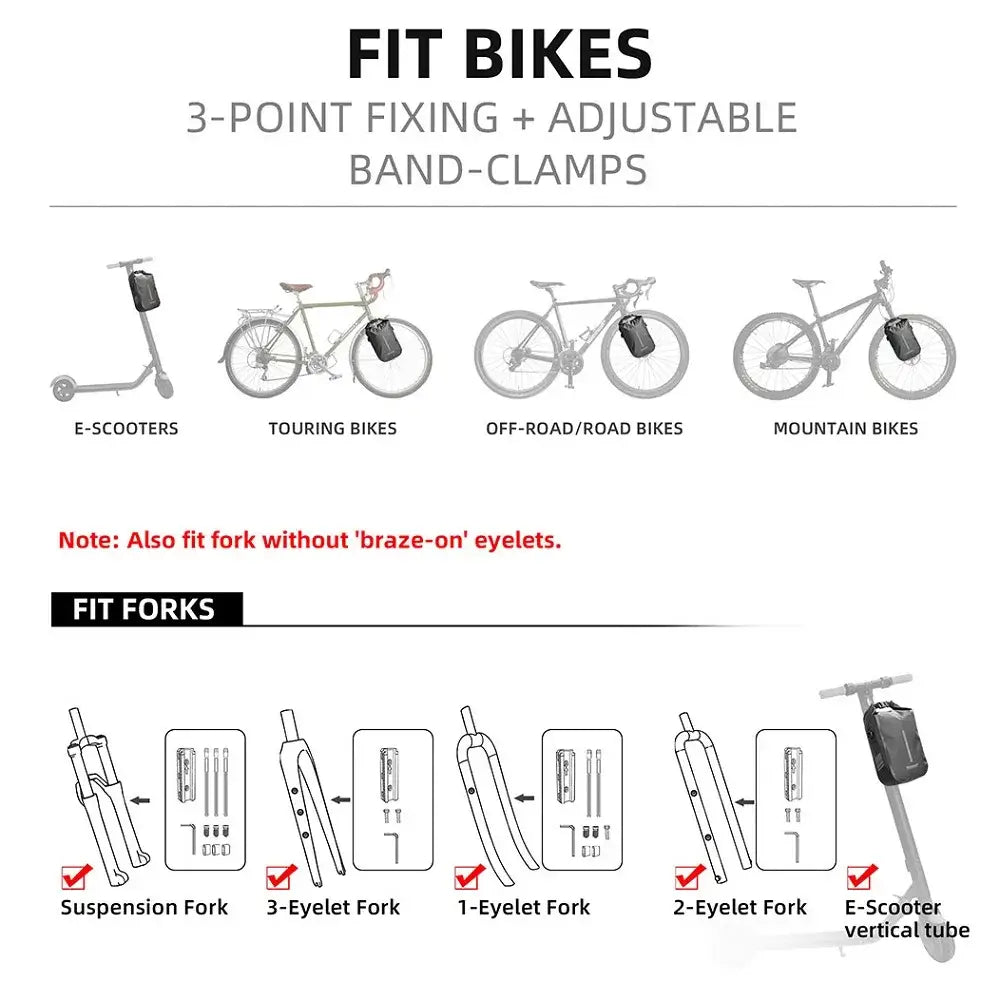 Fit guide for Rhinowalk Bike Bag showing compatibility with e-scooters, touring, off-road, and mountain bikes.