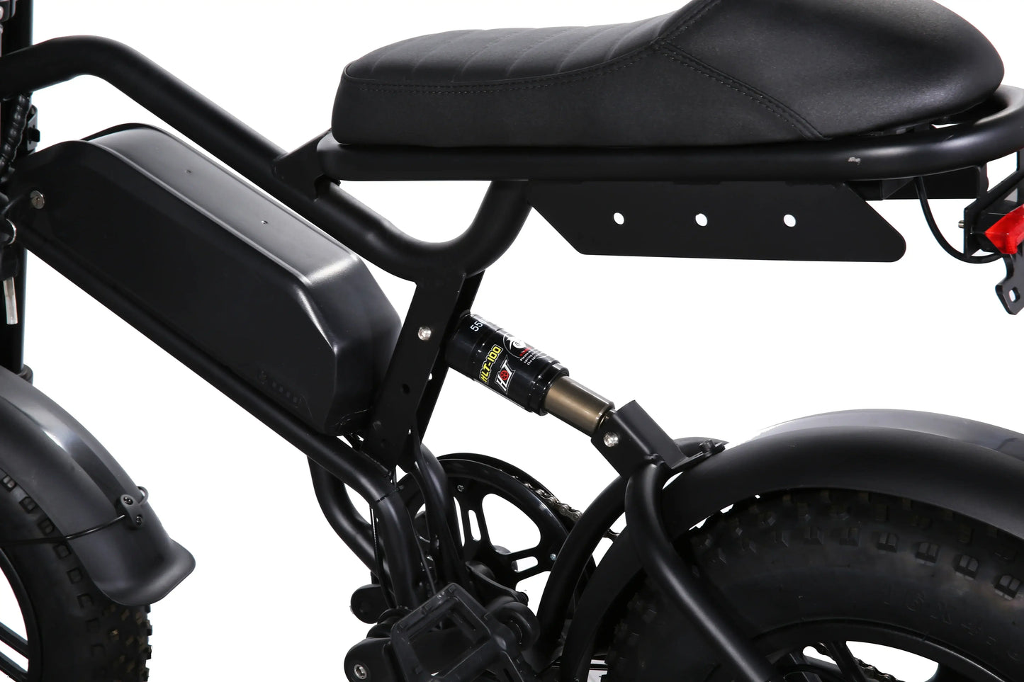 Close-up of the 500W fat tire electric bicycle's robust frame and suspension system.
