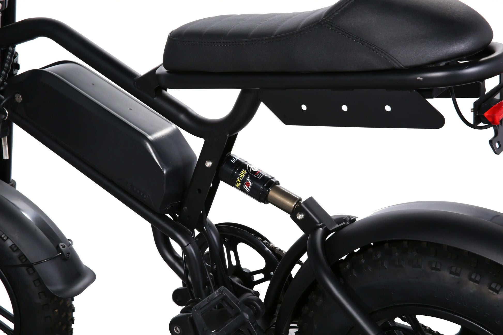 Close-up of the 500W fat tire electric bicycle's robust frame and suspension system.