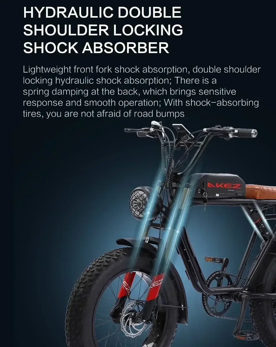 AKEZ Electric Bike features hydraulic double shoulder locking shock absorber for smooth rides over bumps.