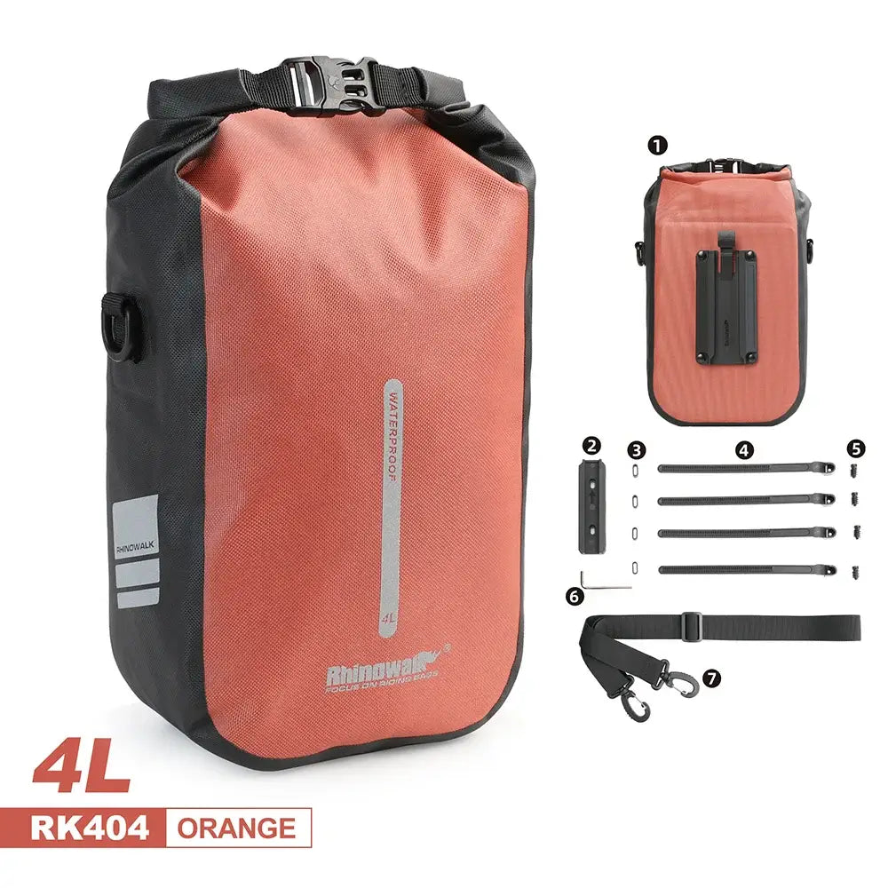 Rhinowalk waterproof bike bag, 4L capacity, quick release design, rugged red and black construction, perfect for cycling adventures.