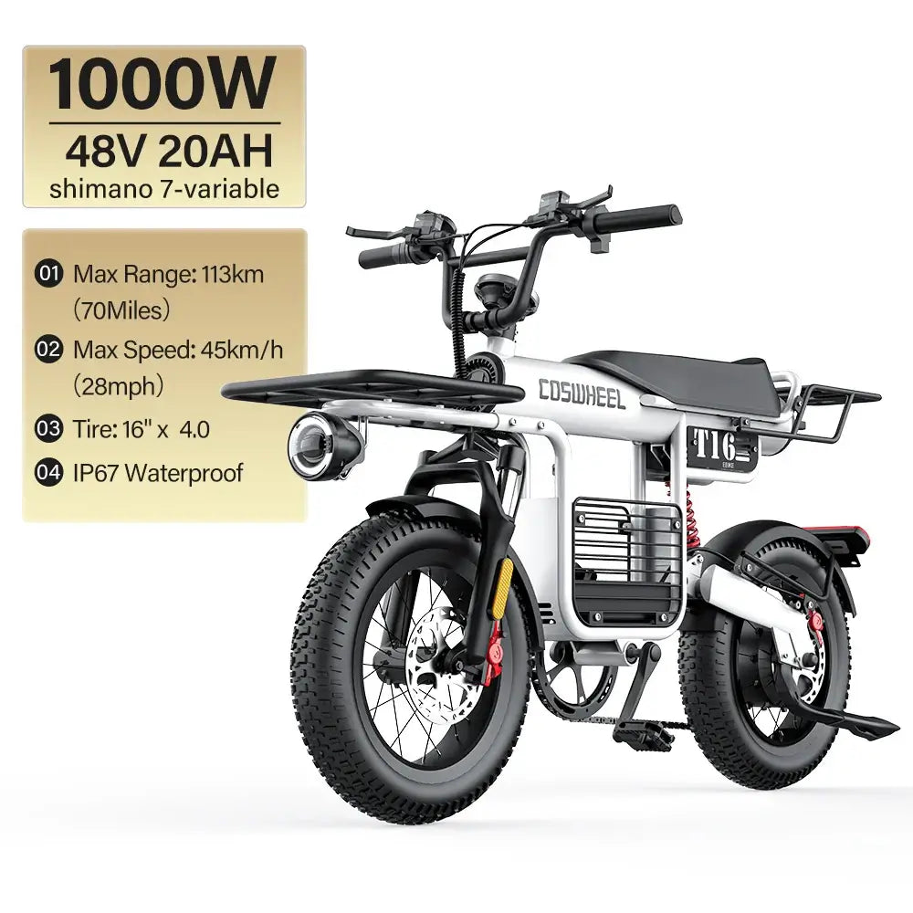 Coswheel Electric Bike CT20S 2000W showcasing a robust design with 20-inch fat tires and 2000W motor for all terrains.