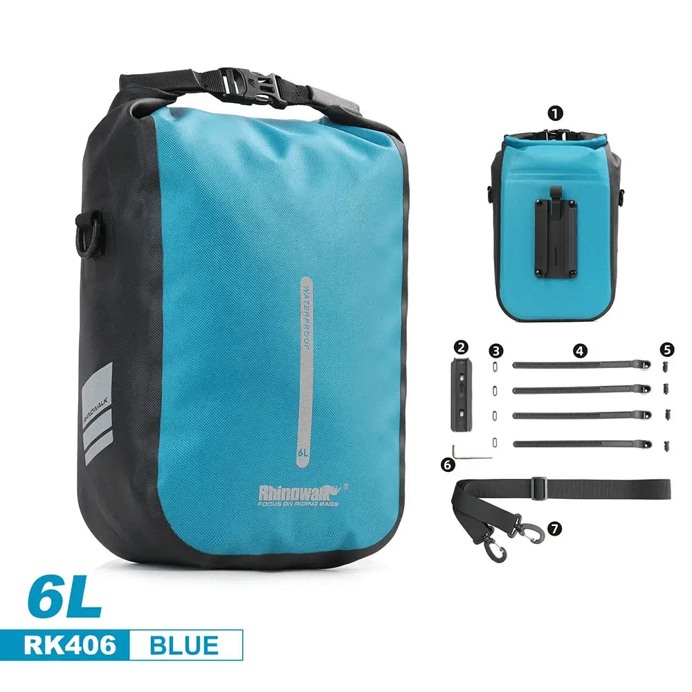 Rhinowalk 6L waterproof bike bag in blue, durable, quick-release design for easy attachment and storage.