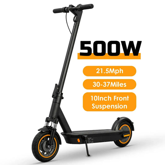 HEZZO G30 City Electric Scooter with 500W motor, 10" tires, front suspension, reaching speeds of 21.5 mph for urban rides.
