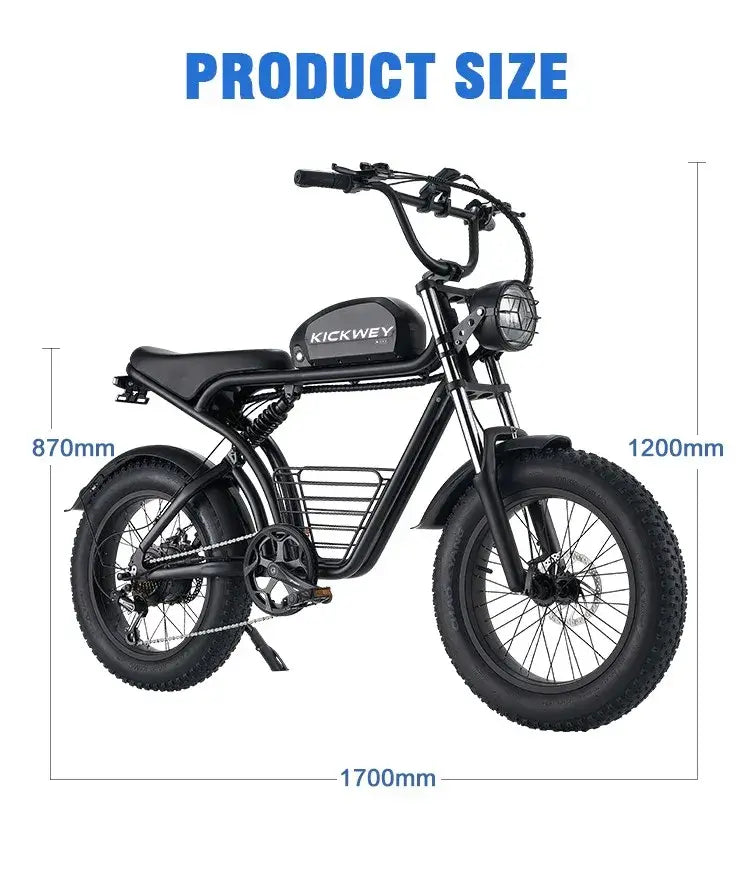 Dimensional illustration of the KICKWEY Fat Tire Electric Bike with product size specifications in mm.