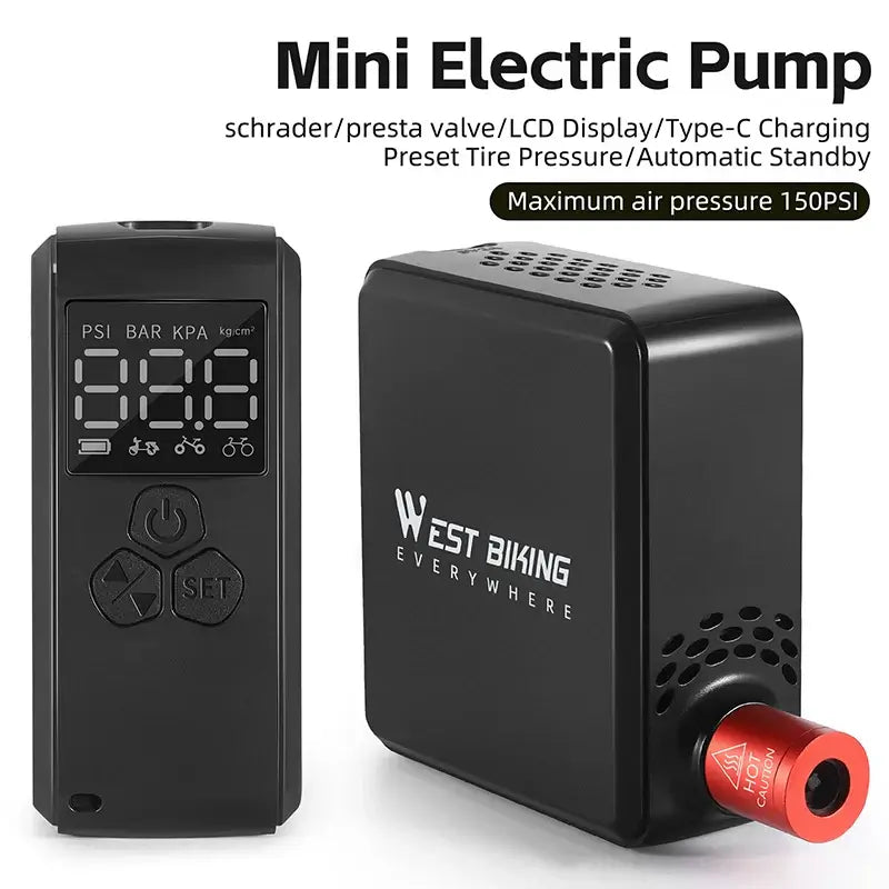 WEST BIKING Mini Electric Pump with LCD display, pre-set pressure settings, and 150PSI max air pressure.