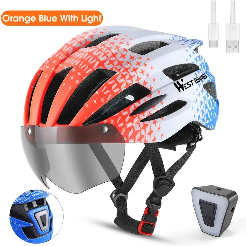 Lightweight orange-blue MTB cycling helmet with LED lights and visor for safety and visibility while biking.
