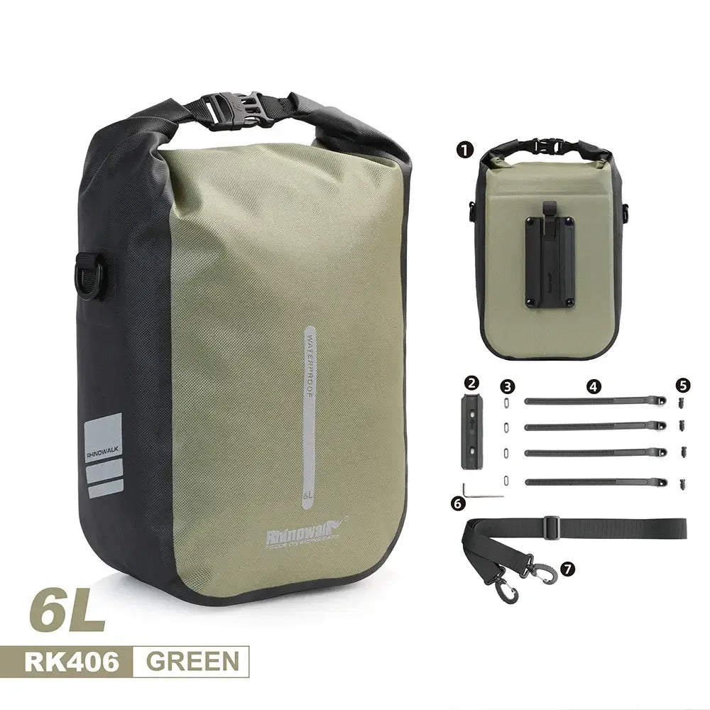 Rhinowalk 6L waterproof bike bag in green with adjustable straps and quick-release features, ideal for cycling adventures.