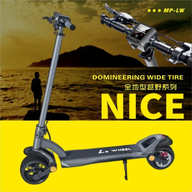 Wide tire electric scooter with dual disc brakes, perfect for off-road and urban use, showcasing its sleek design.
