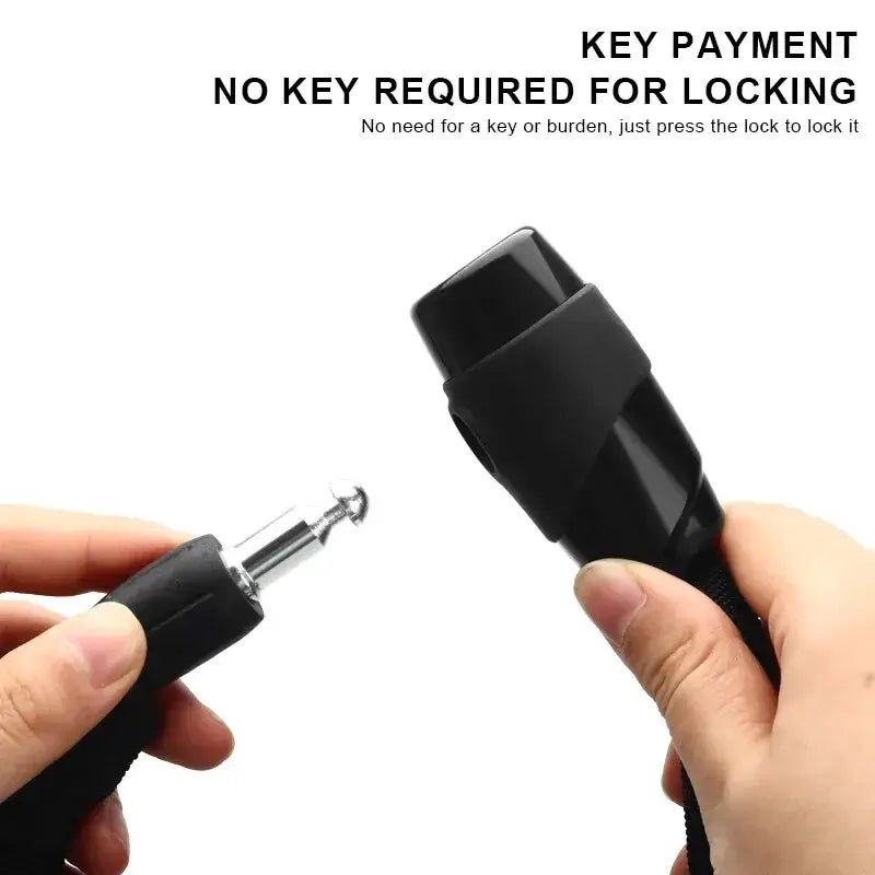 Hands demonstrating the keyless locking mechanism of the RIDERACE High Security Bicycle Chain Lock.