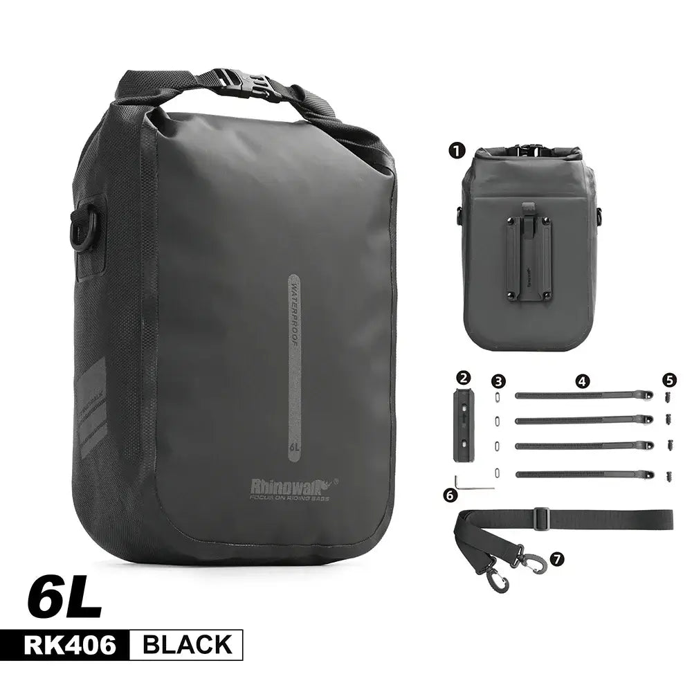 Rhinowalk 6L waterproof bike bag in black with quick-release attachments and accessories for cycling.