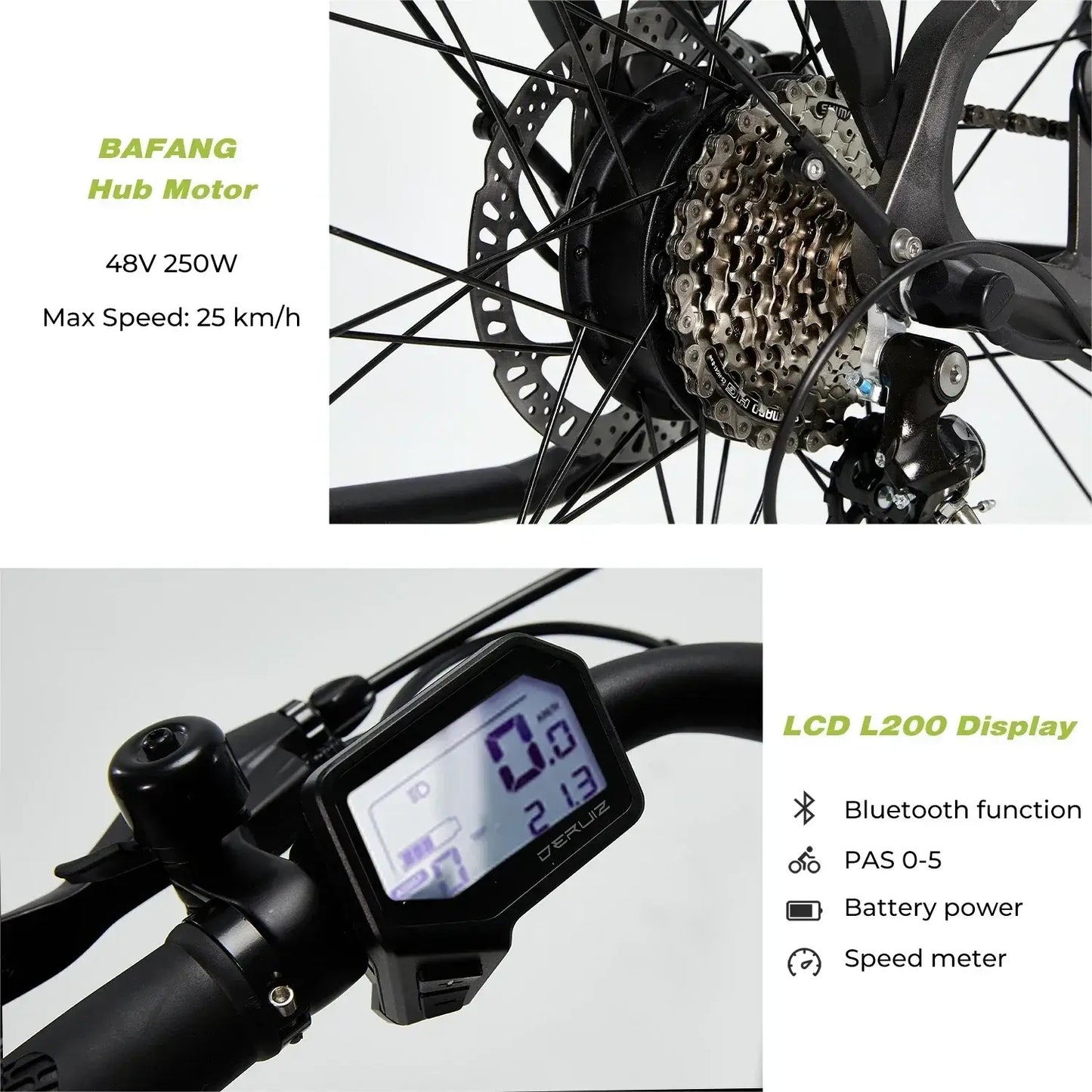 Bafang 48V 250W electric bike hub motor and LCD L200 display with Bluetooth function and speed meter.