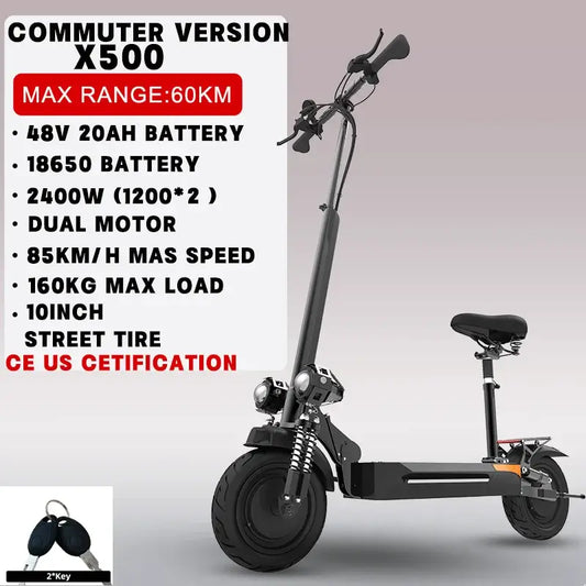 Electric commuter scooter X500 with 2400W dual motor, 60KM range, 85KM/H max speed, 10-inch tires, and 48V battery.