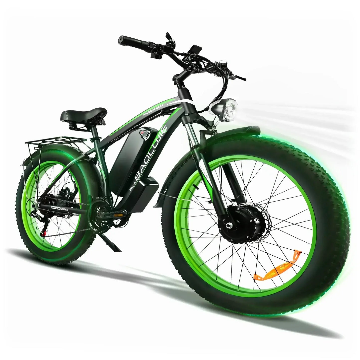2000W fat tire electric bike with green accents, designed for urban and outdoor adventures.