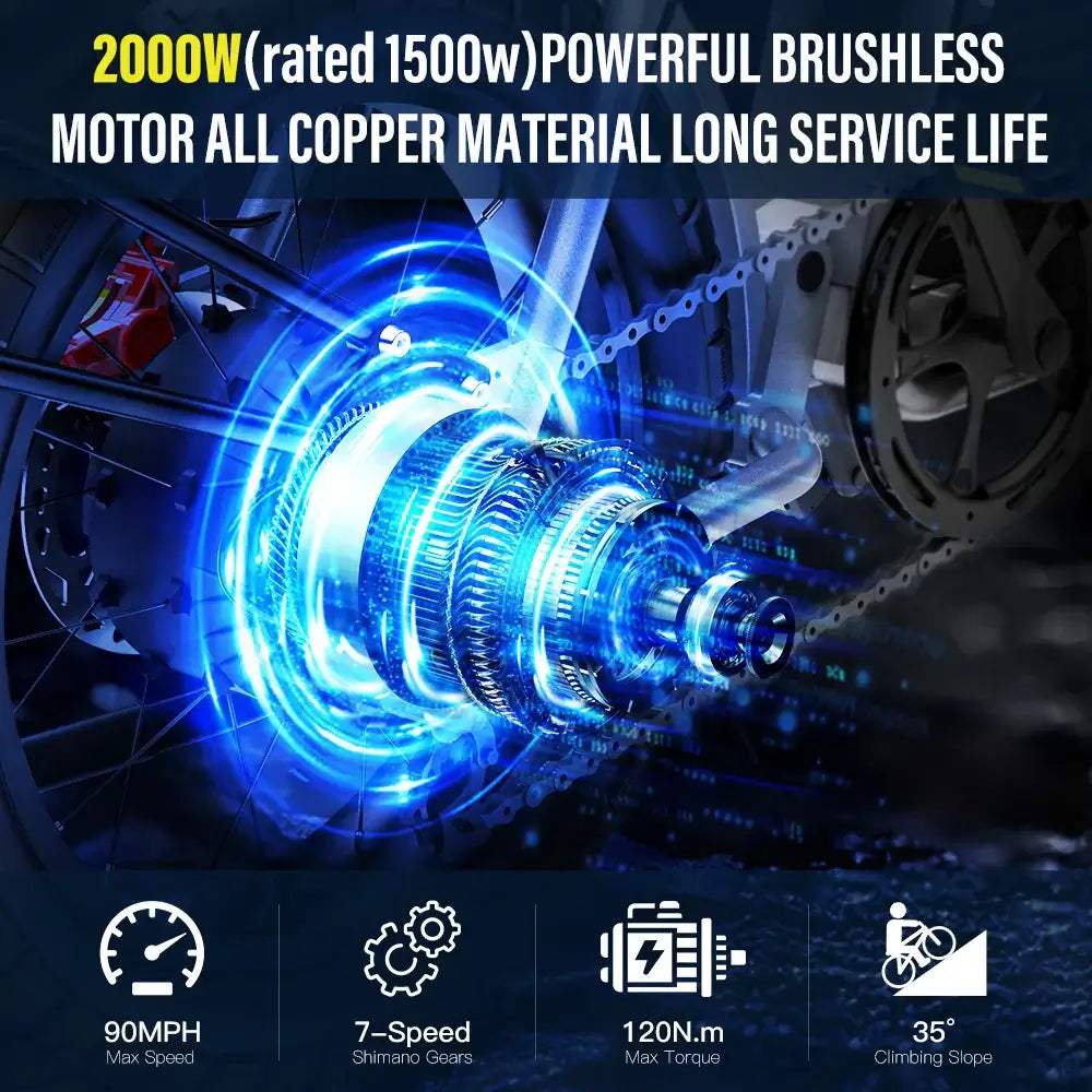 Coswheel Electric Bike CT20S 2000W with 2000W brushless motor, 90MPH max speed, and 120N.m torque features.