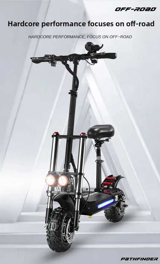 Urban off-road electric scooter with robust design and dual headlights, perfect for rugged terrains.