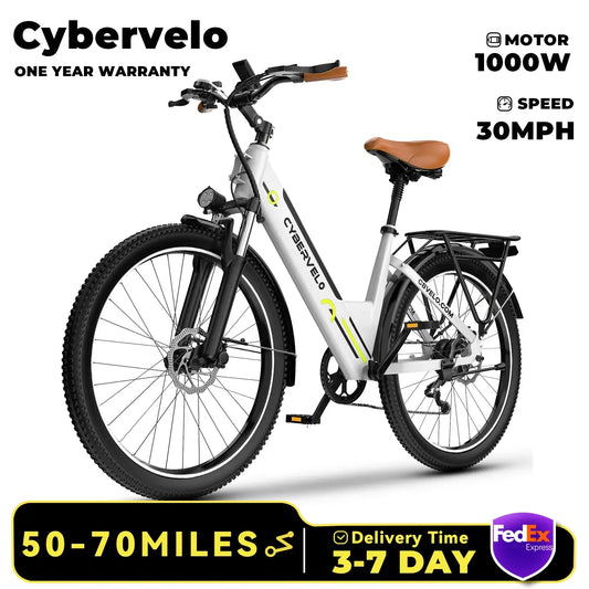Cybervelo electric bike with 1000W motor, 30mph speed, and 50-70 miles range, featuring a stylish design and comfortable ride.