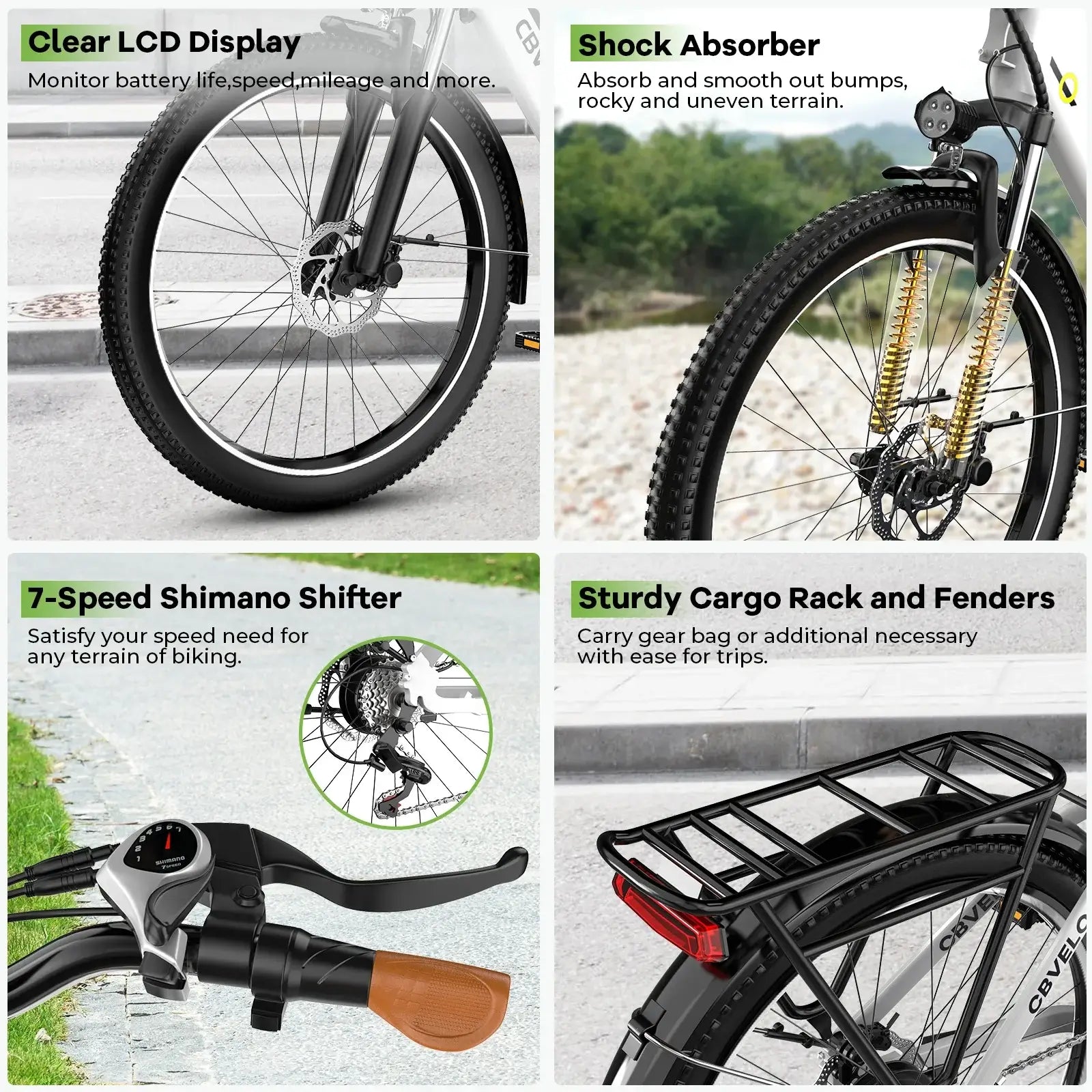 Features of 1000 Peak Electric Bike: LCD display, suspension shock absorber, 7-speed Shimano shifter, sturdy cargo rack.
