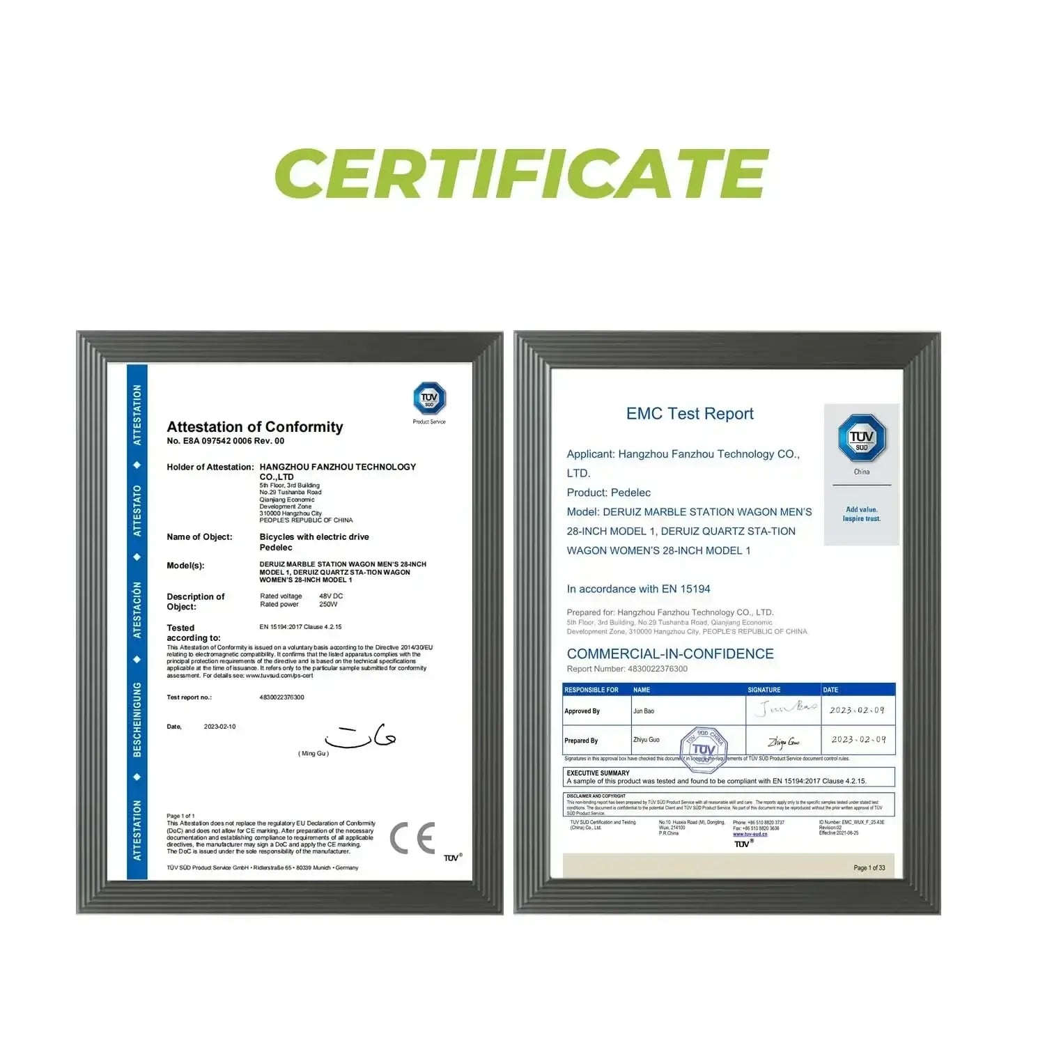 Certificate of conformity and EMC test report for Hangzhou Fanchuo Technology Co., Ltd., showcasing compliance standards.
