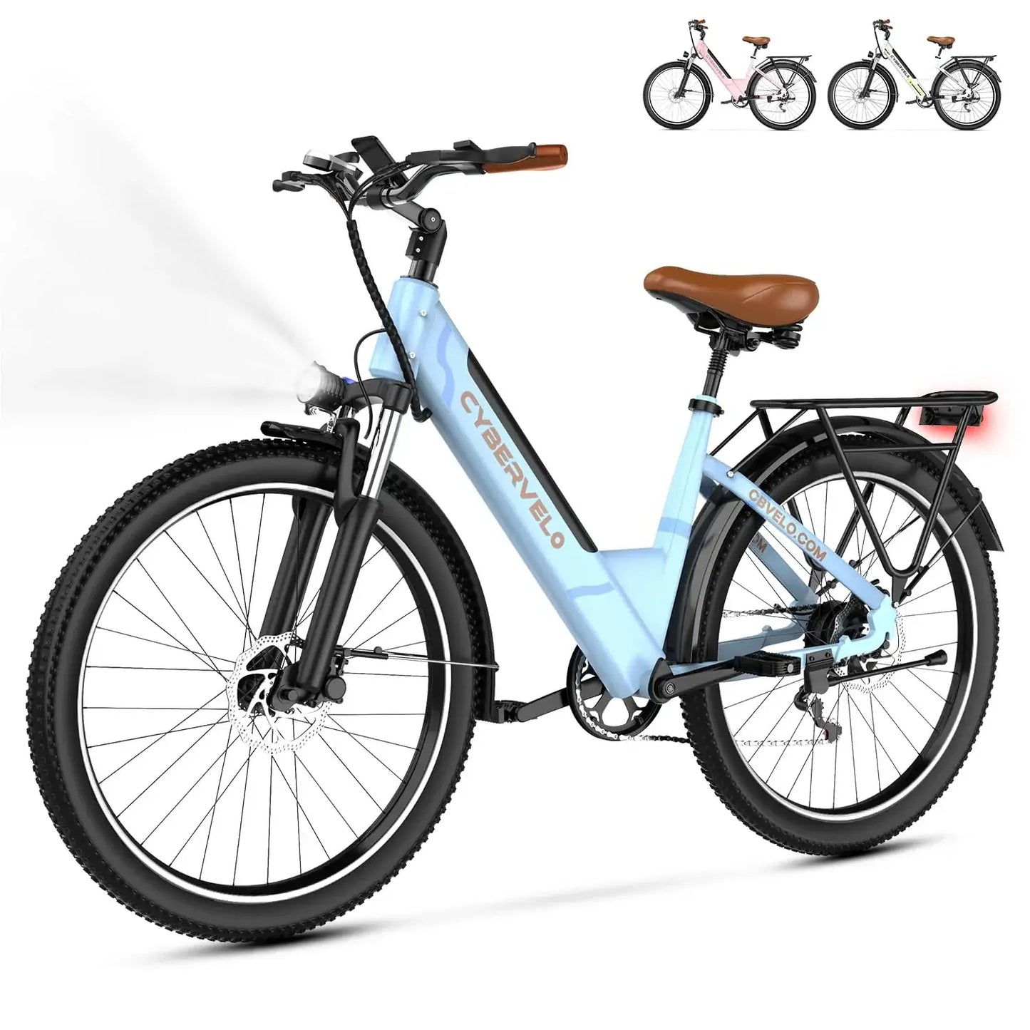 Cybervelo electric bike in blue, featuring suspension, LED lights, and a modern design for adults.