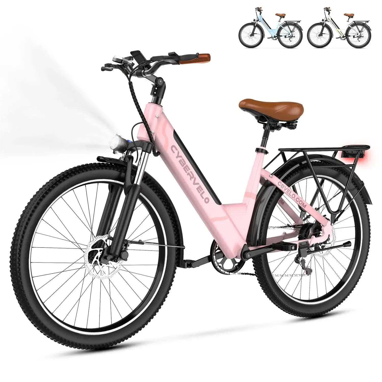 Cybervelo electric bike for adults in pink, featuring a sleek design and strong tires for a comfortable ride.