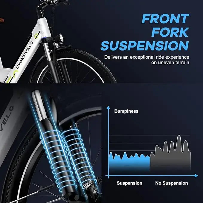 Electric bike front fork suspension details, showcasing improved ride comfort on uneven terrain.