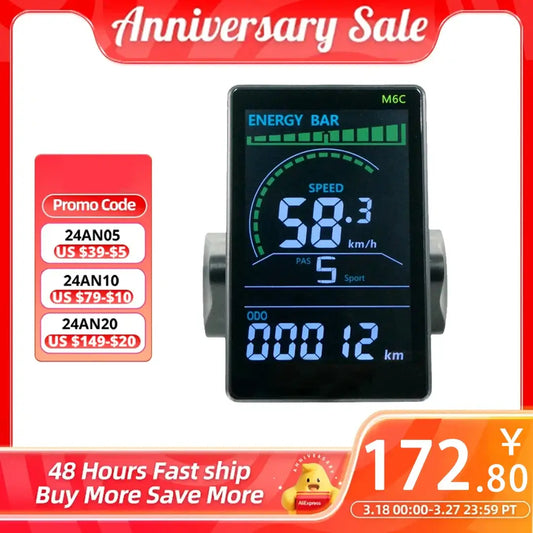 UART2 M6C Electric Bike LCD Display Meter with speed and energy bar, waterproof, for mountain bikes and e-scooters.