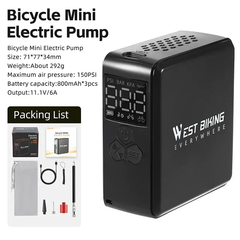 WEST BIKING Mini Electric Bike Pump with LCD screen, 150PSI max pressure, compact design for quick tire inflation.