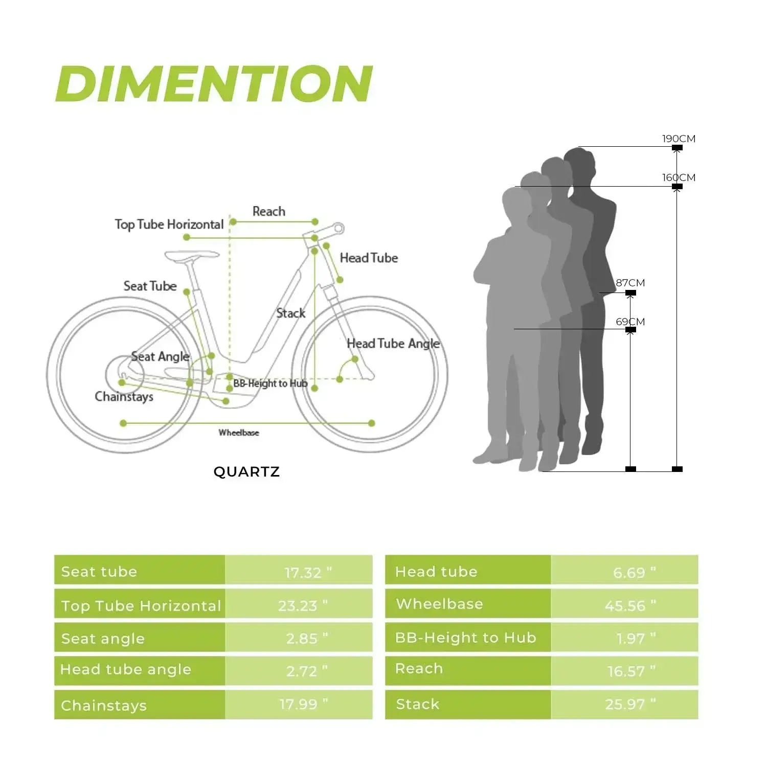 Dimension chart for Quartz bike showing measurements like seat tube, head tube, and wheelbase for size reference.