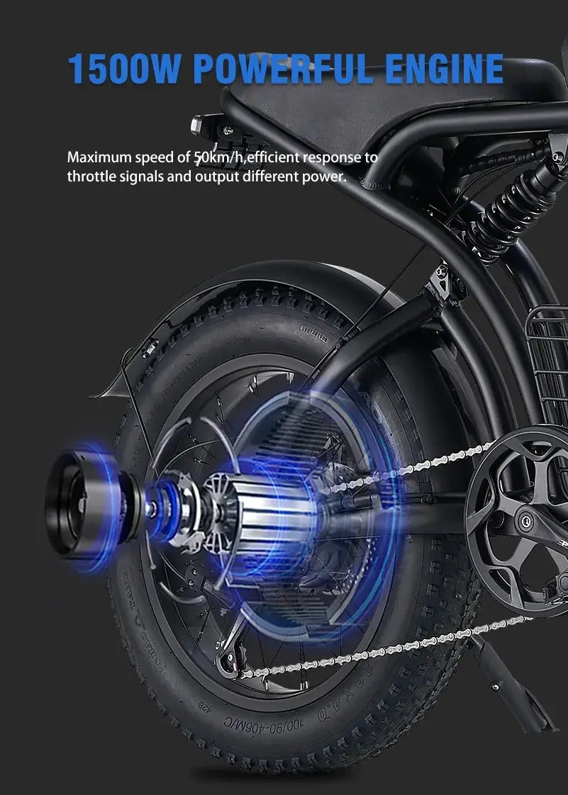 Close-up of 1500W electric bike engine showcasing powerful motor design and efficient performance.